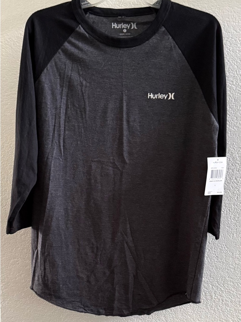 Hurley Black & Charcoal Raglan 3/4 Sleeve Tee